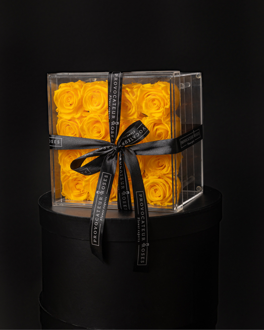 16 Rosas Preservadas Amarillas en Caja Acrílica